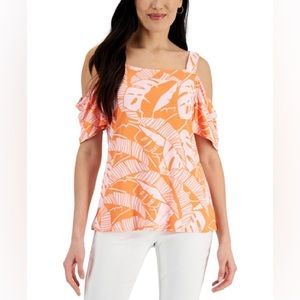 (L:NWT) $39.50|JM Collection Palm-Print Cold-Shoulder, Clementine Orange Combo